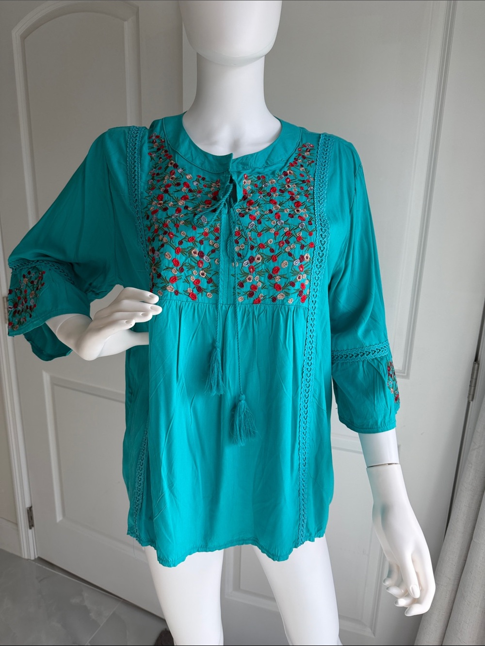 Nare Moda collection Teal Embroidered Peasant Top